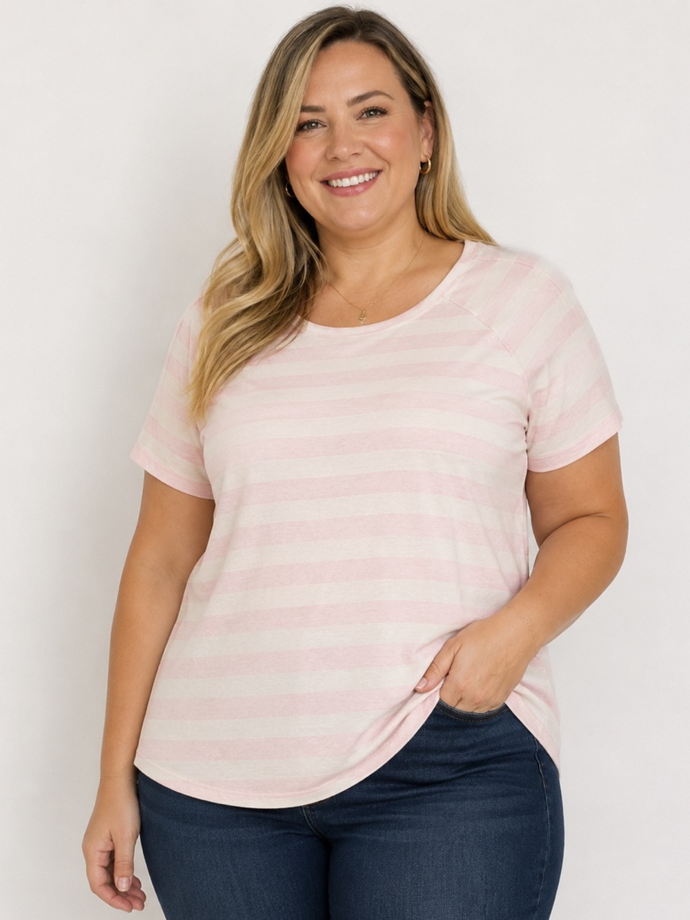 Isaac Mizrahi Live! Pink Stripe Short Sleeve Knit Top Women’s - Size XL